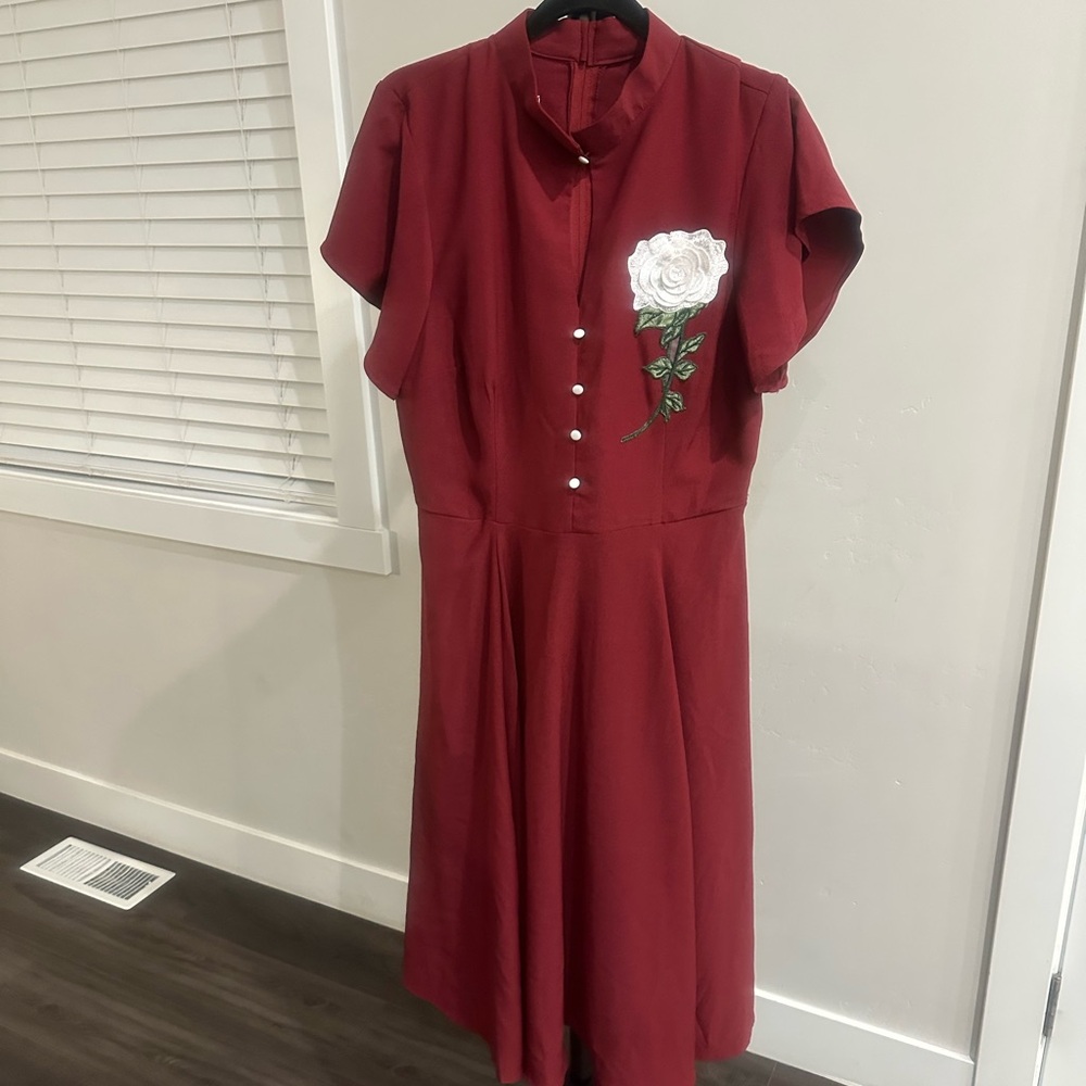 Unique Vintage Deep Red Button-Up Dress